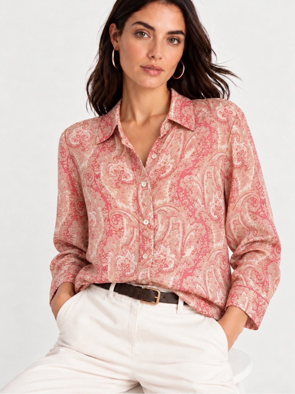 J.Crew 100% Silk Paisley Blouse Size S 6 Pink Beige Sheer Luxury Autumn Shirt